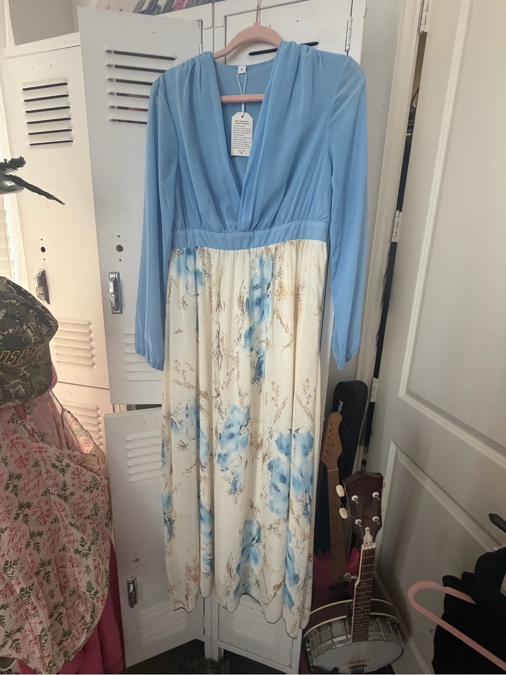 Light Blue and Ivory Floral Long Sleeve Maxi Dress